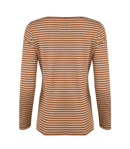 Womens/ladies mila stripe ribbed organic long-sleeved t-shirt caramel Weird Fish