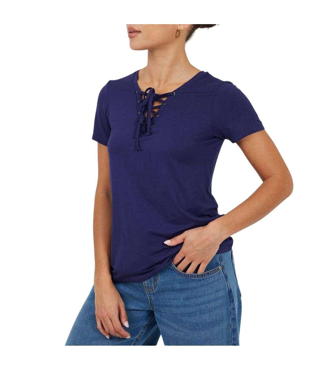Womens/ladies Plain Lace Up T-shirt Navy Brave Soul-2