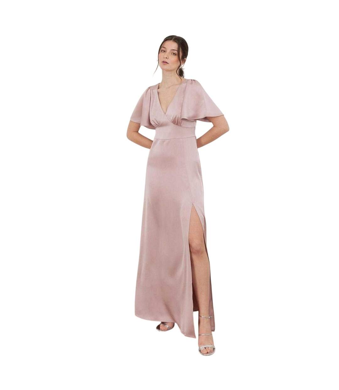 Womens/ladies Satin Angel Sleeve Bridesmaid Maxi Dress Soft Pink Maya Deluxe-1
