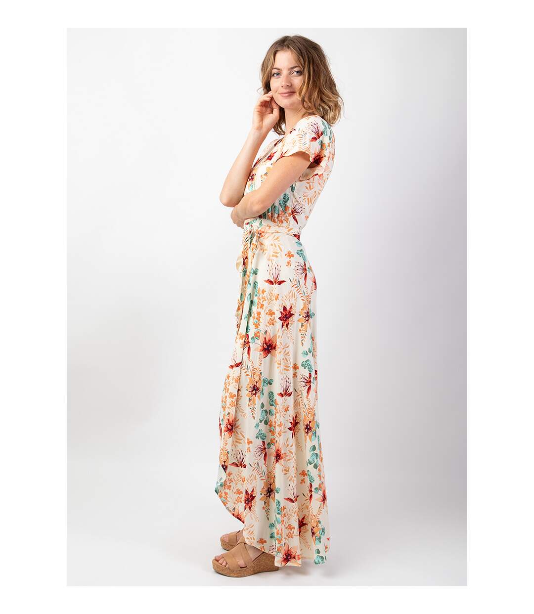 Robe longue fluide cache-coeur SAKURA imprimé fleurs romantique Coton Du Monde