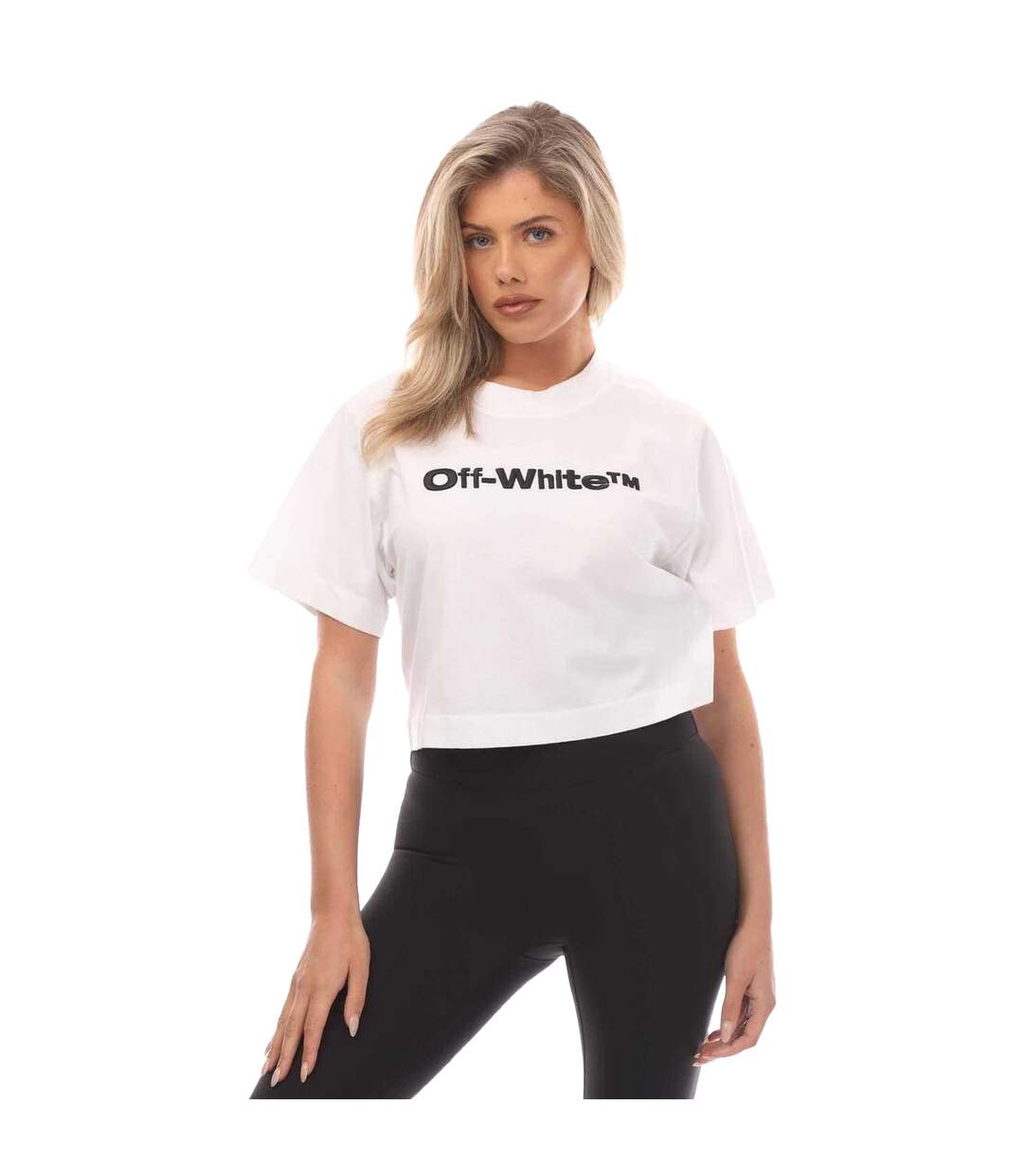 Womens/ladies Bounce Helvetica Crop T-shirt White Black Off White-1