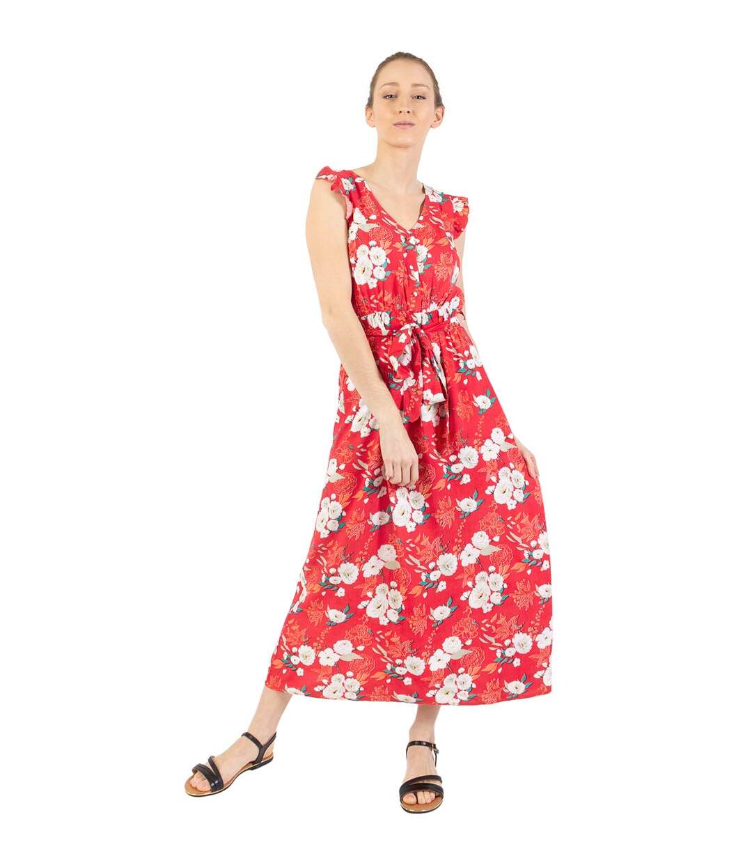 Robe longue manches volantées KAYLA fleurie rouge Coton Du Monde