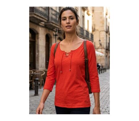 MAYFLOWER DOUGLAS1 - Tee-shirt manches 3/4 en maille flammée avec col à lacets