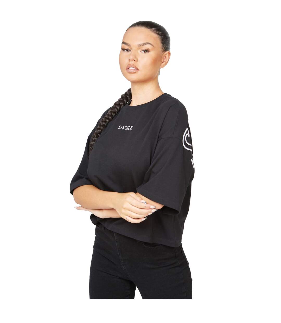 Womens/ladies branded crop t-shirt black SikSilk-1