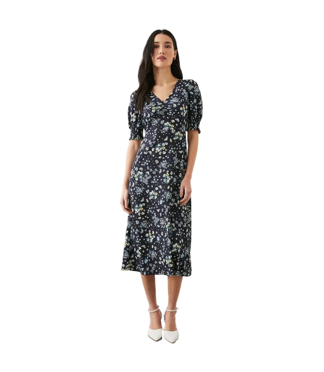 Womens/ladies Ditsy Print Shirred Cuff Petite Midi Dress Blue Dorothy Perkins-1