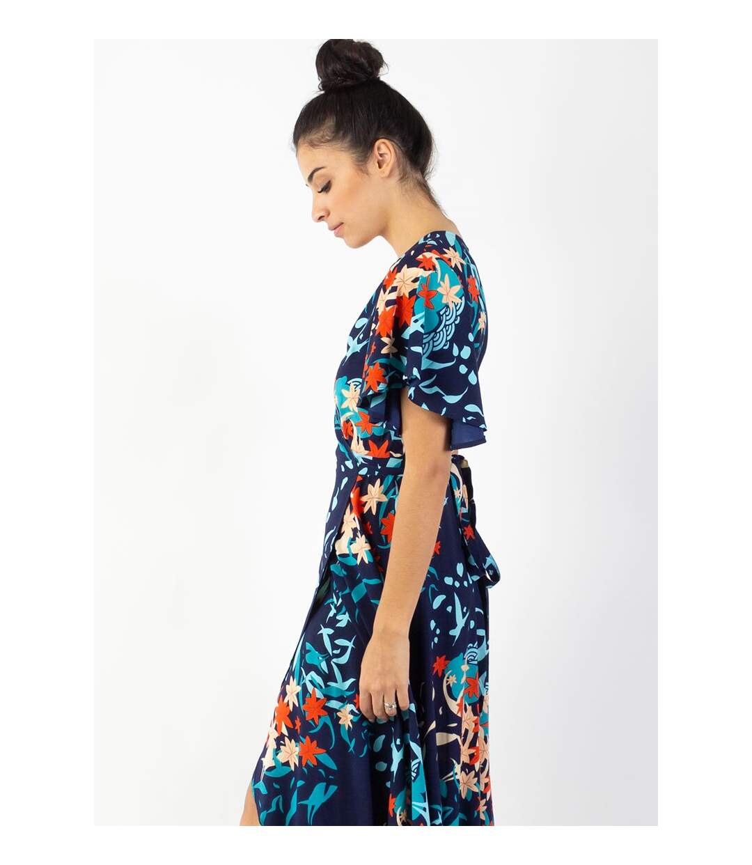 Robe longue SAKURA bohème imprimé japonisant bleu Coton Du Monde