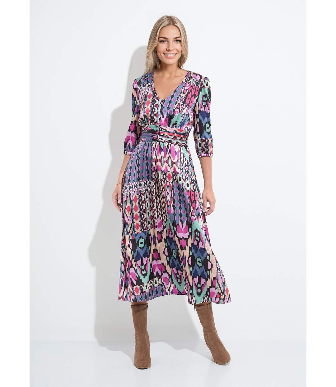 Robe longue satin imprimé ethnique manches 3/4-1