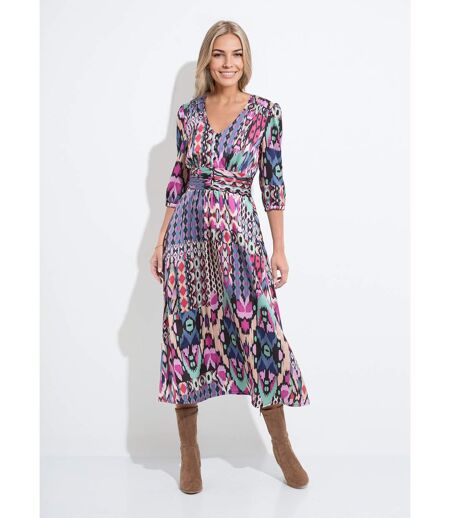 Robe longue satin imprimé ethnique manches 3/4