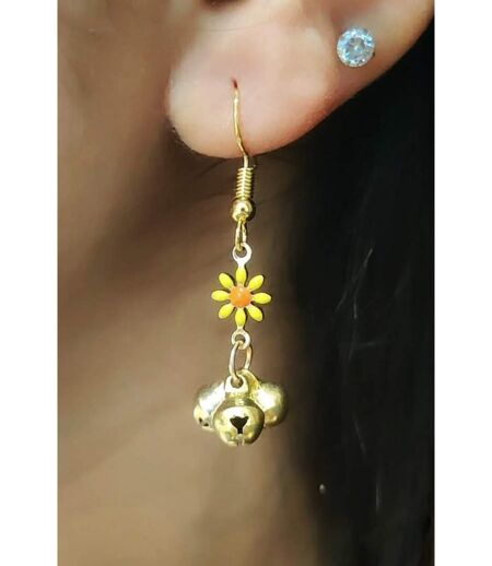 Small Sunflower Flora Ghungroo Charm Dainty Boho Hooks Drop Earrings