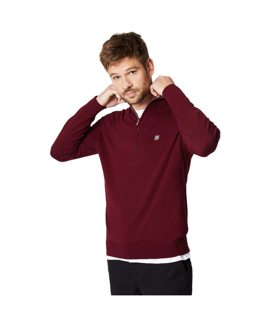 Mens rich cotton quarter zip jumper burgundy Burton-1