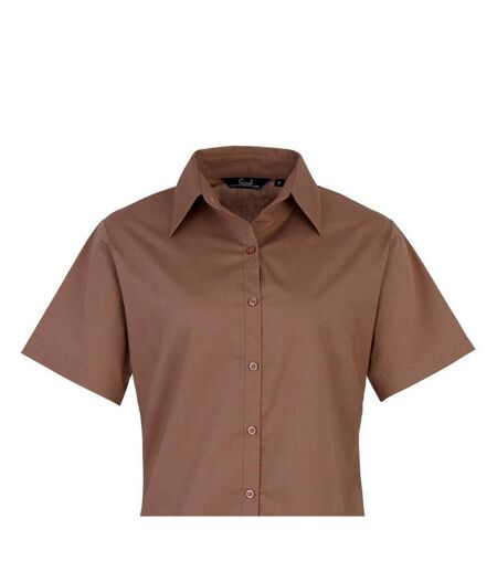Short Sleeve Poplin Blouse / Plain Work Shirt Brown Premier