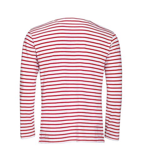 Mens Marine Striped Long-sleeved T-shirt White Red SOLS