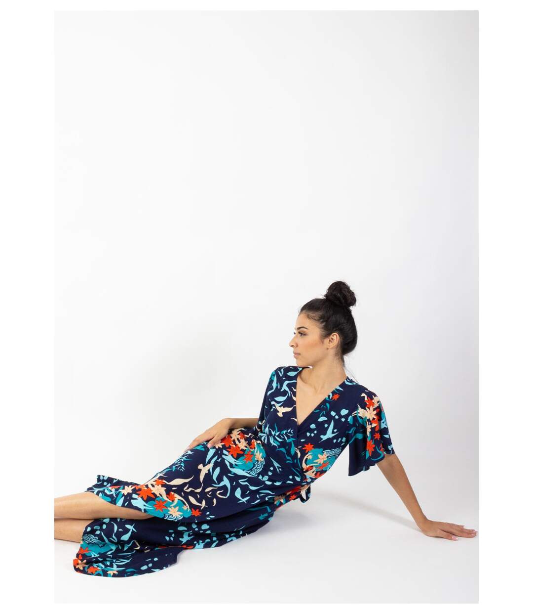 Robe longue SAKURA bohème imprimé japonisant bleu Coton Du Monde-2
