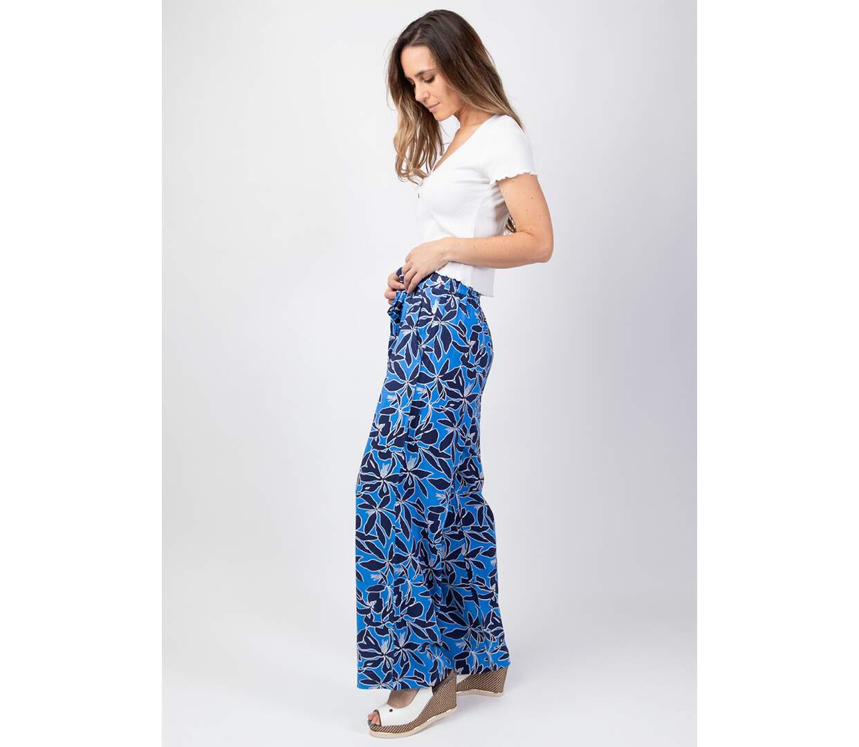 Pantalon été jambes larges MELODY imprimé floral bleu Coton Du Monde-3