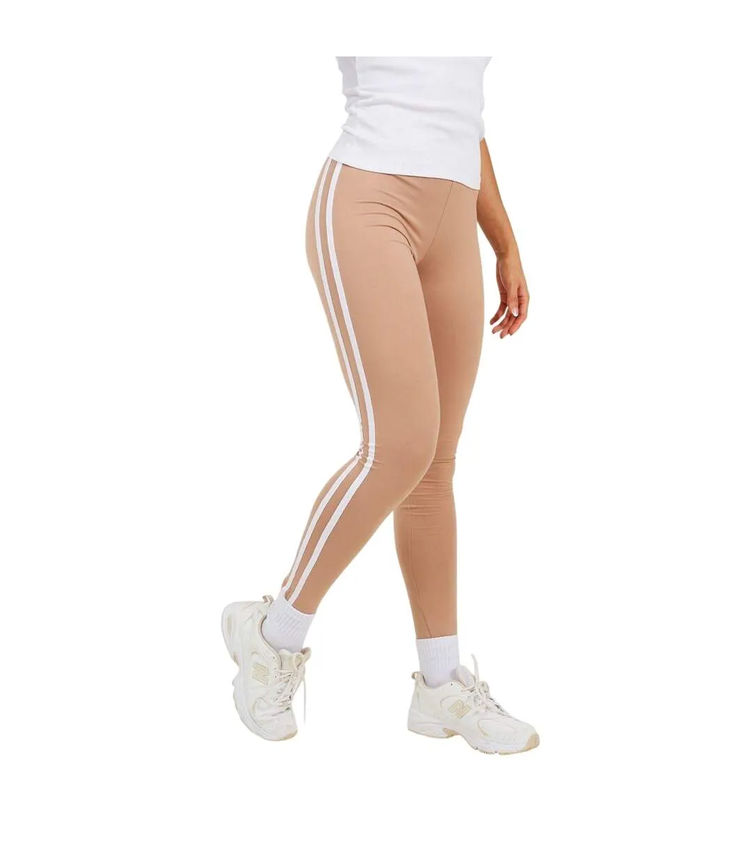 Womens/ladies Elasticated Stripe Detail Leggings Taupe White Brave Soul-1