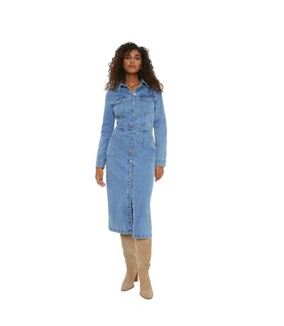 Womens/ladies denim long-sleeved shirt dress mid wash Dorothy Perkins