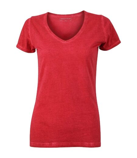 T-shirt style bohémien col V femme JN975 - rouge chili