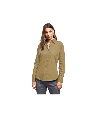 Womens/ladies Poplin Long-sleeved Blouse Khaki Premier