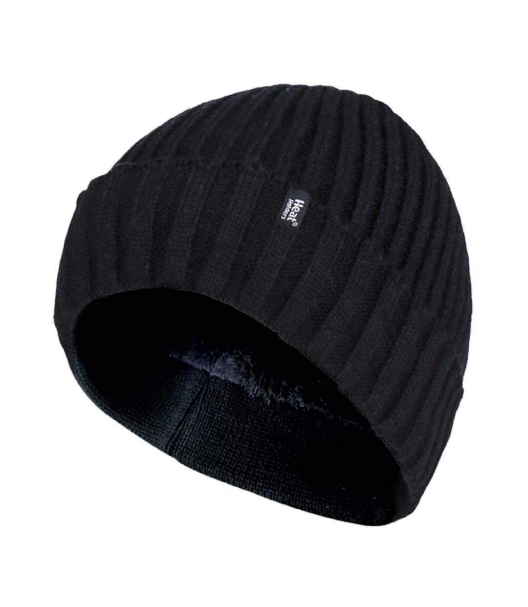 Mens Ribbed Knit Fleece Lined Turn Over Cuff Thermal Beanie Hat-1