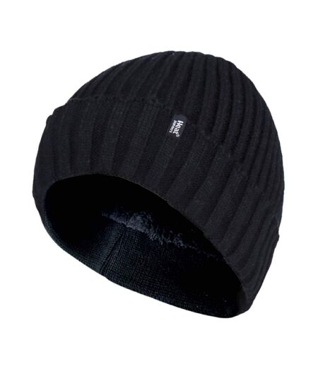 Mens Ribbed Knit Fleece Lined Turn Over Cuff Thermal Beanie Hat
