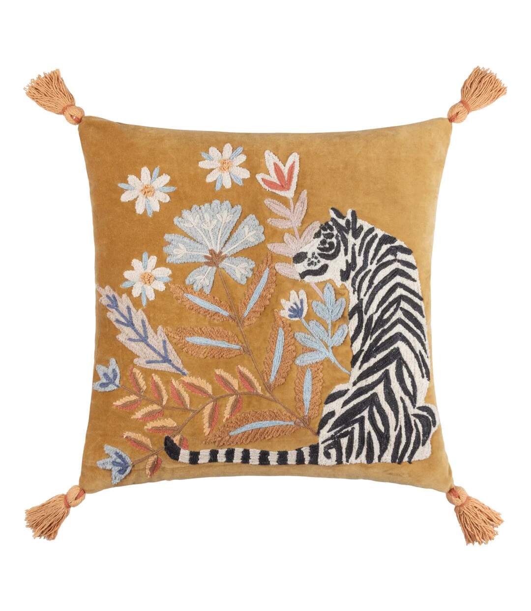 Tropics embroidered white tiger cushion cover 50cm x 50cm gold Wylder