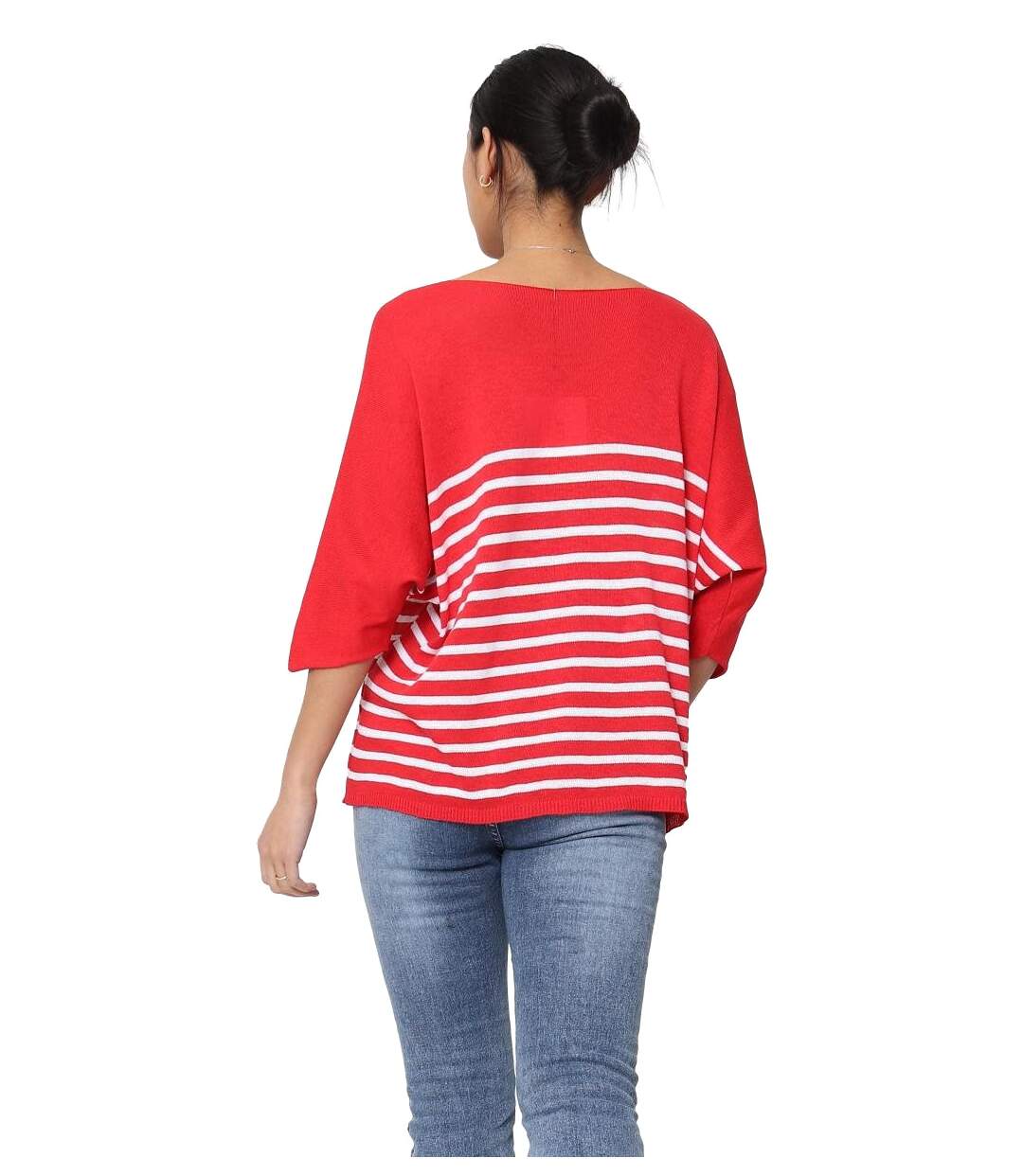 Pull femme rayé - Pull col en V - Manches 3/4 - Couleur rouge