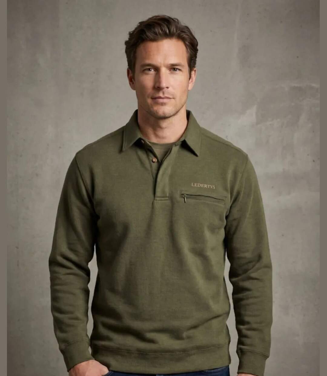 Sweat-shirt Col Polo Homme Ledertys Kaki LY0609-1