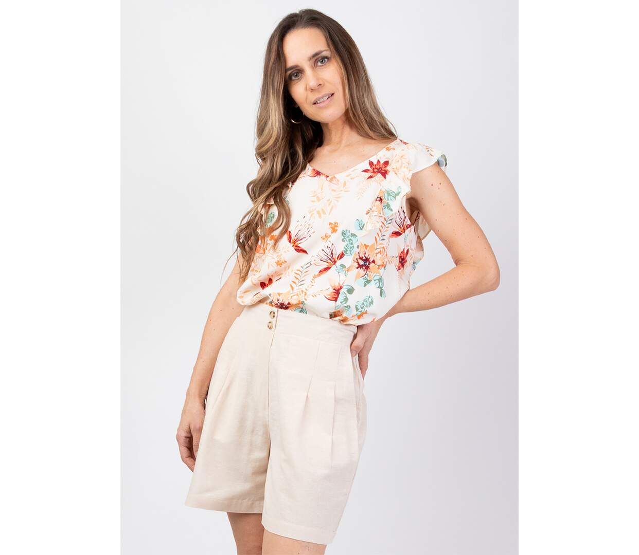 Short femme en coton mélangé FAUSTINE uni beige Coton Du Monde-2