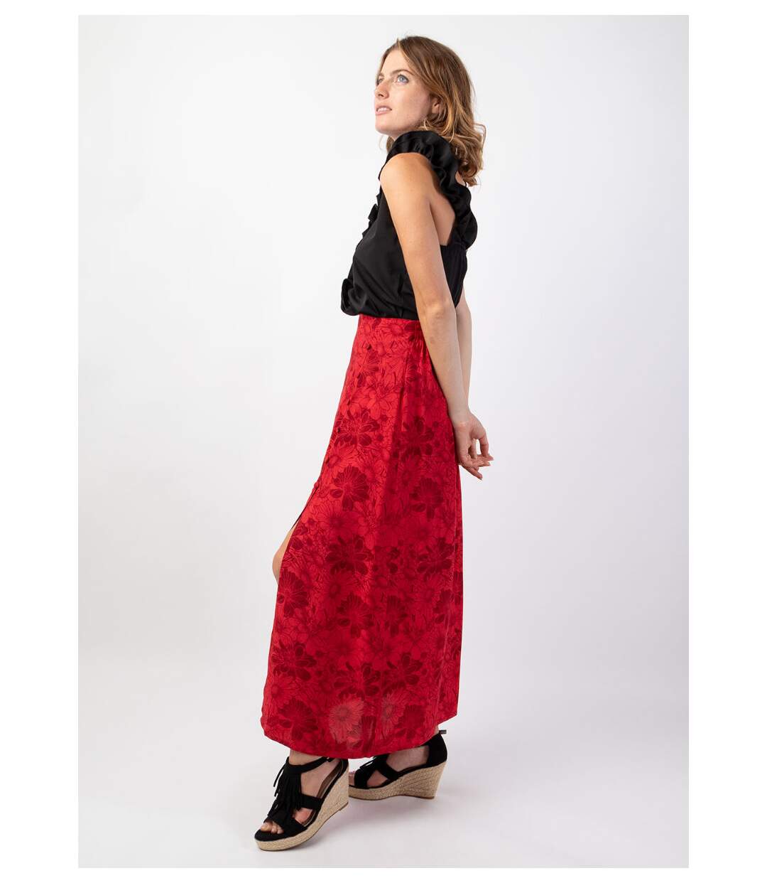 Jupe longue femme été en viscose LIBERTY motif floral rouge Coton Du Monde-3