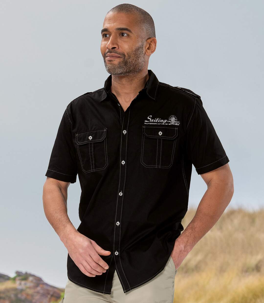 Men's Black Sailing Print Shirt - Short Sleeves