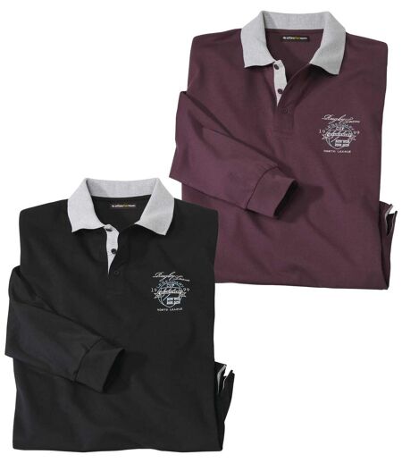 Pack of 2 Men's Long-Sleeved Polo Shirts - Black Burgundy
