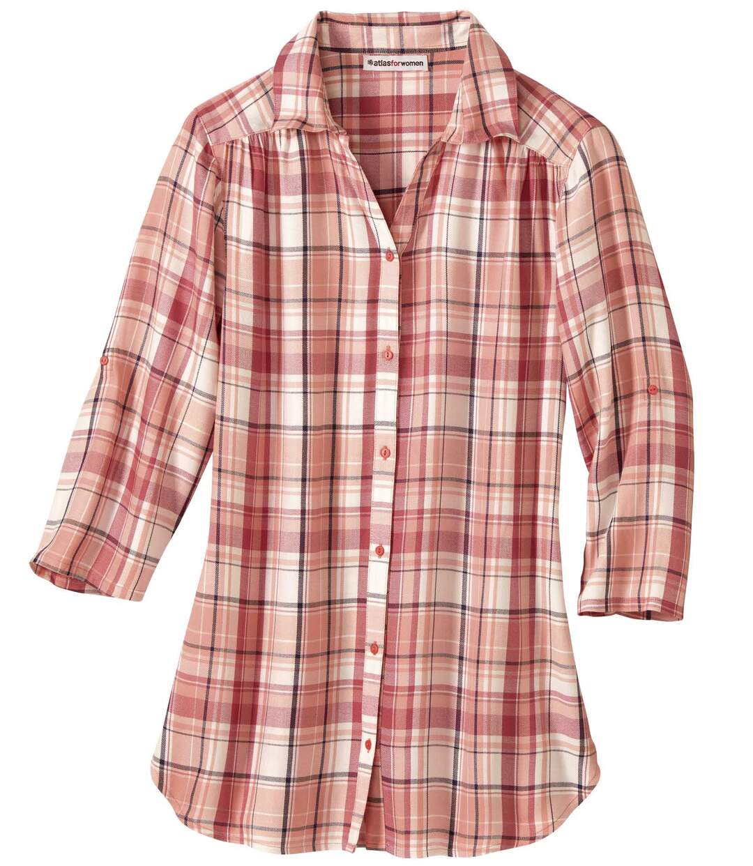 Women's Longline Checked Shirt - Coral Cream Red  Atlas For Men