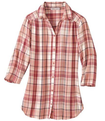 Women's Longline Checked Shirt - Coral Cream Red 