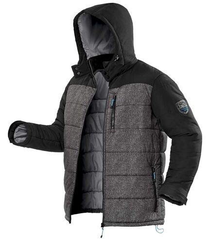 Men's Grey and Black Hooded Puffer Jacket - Water-Repellent