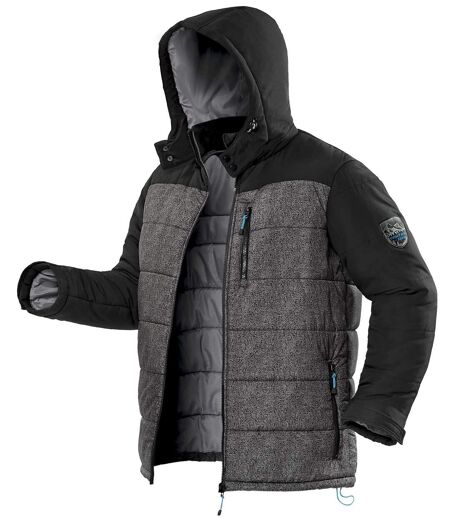 Men's Gray & Black Active-Utility Puffer Jacket with Hood - Water-Repellent - Full Zip