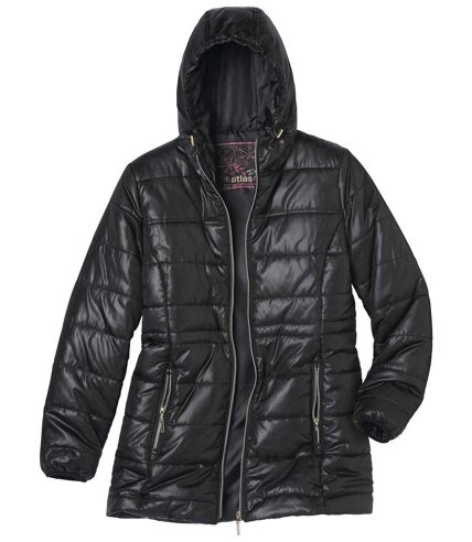 Women's Black Longline Puffer Jacket with Hood - Full Zip - Water-Repellent 