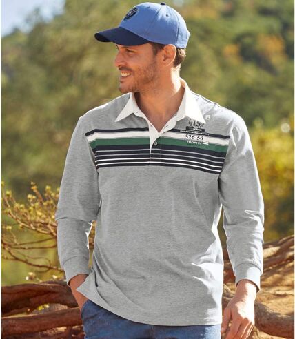 Men's Grey Stripe Long-Sleeved Polo Shirt