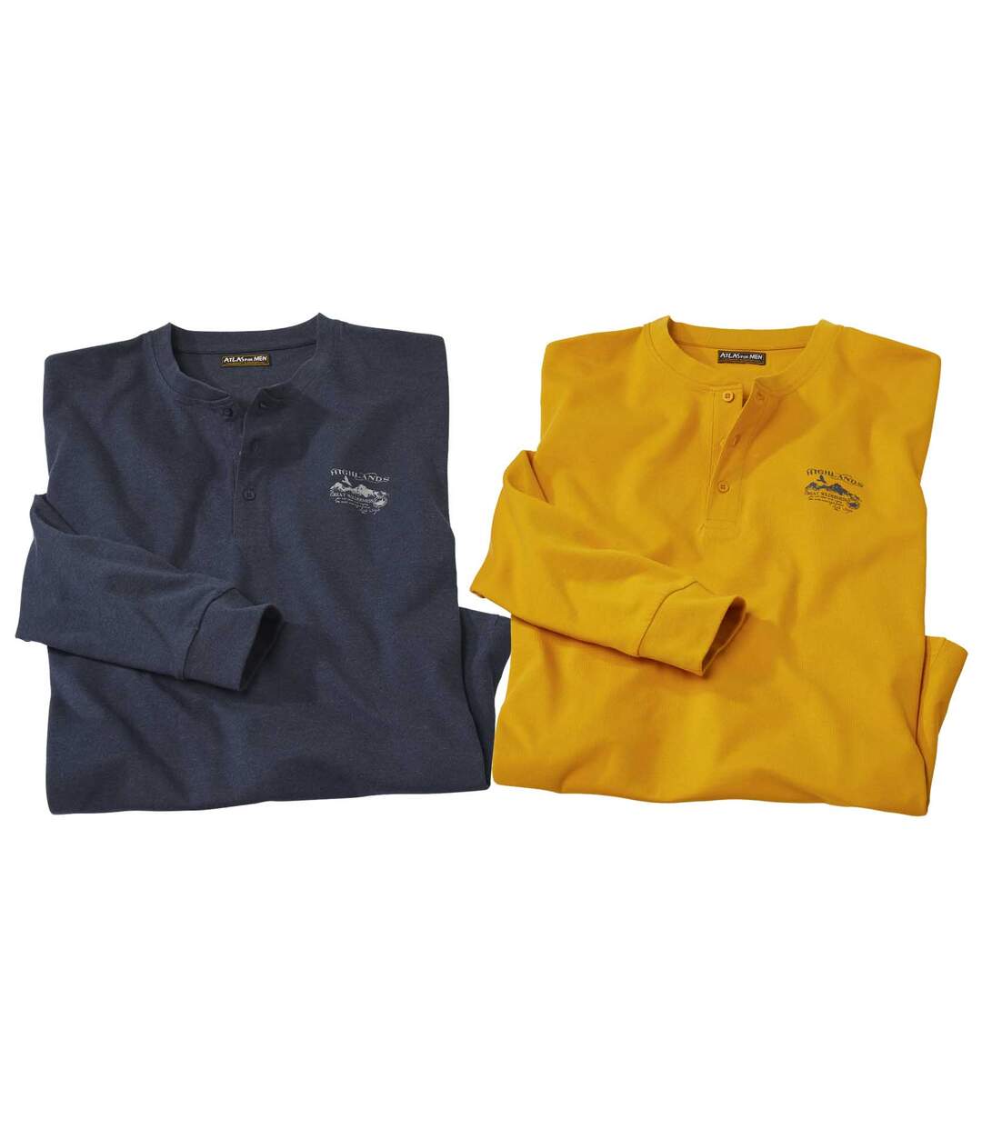 Pack of 2 Men's Button-Neck Long Sleeve Tops - Navy Yellow