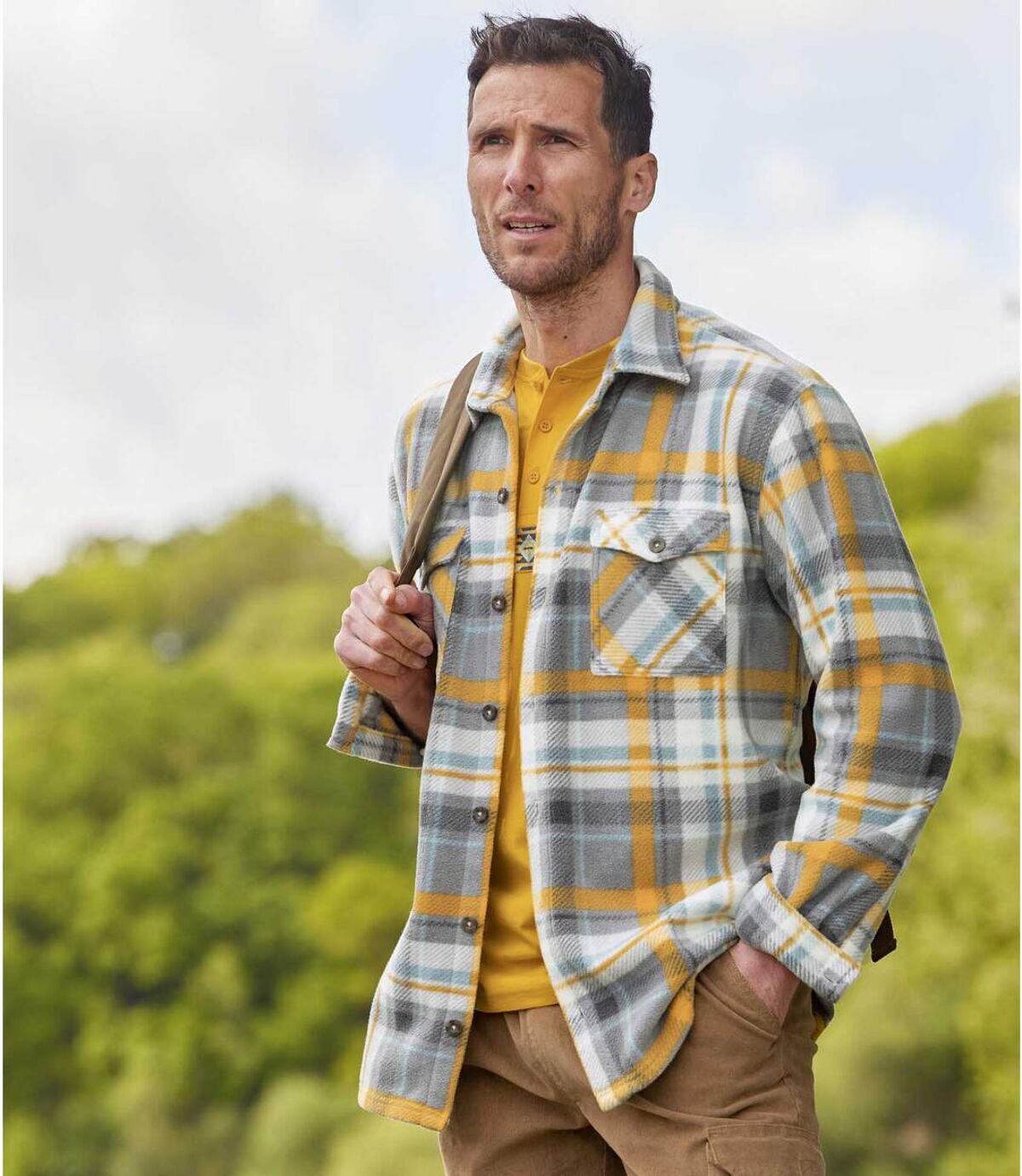 Men's Checked Fleece Overshirt - Gray Yellow Off-White  Atlas For Men