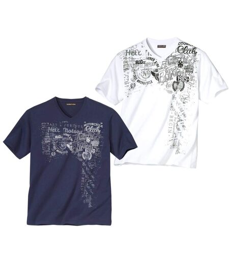 Pack of 2 Men's Biker Print T-Shirts - Navy White