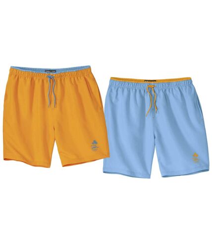 Pack of 2 Pairs of Men's Swim Shorts - Elasticated Waist - Orange Blue 