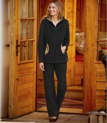 Women's Leopard Print Fleece Loungewear Set - Black - Full Zip