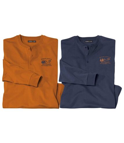 Pack of 2 Men's Button-Neck Tops - Orange Blue 