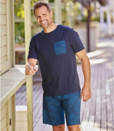 Men's Printed Pajama Short Set - Navy Blue