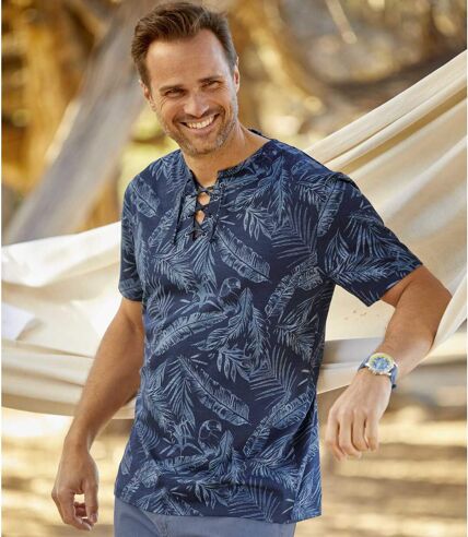 Men's Tropical Print Lace-Up T-Shirt - Blue