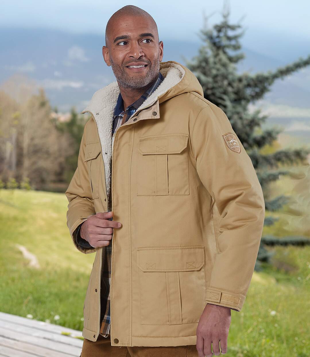 Men s Beige Hooded Parka Water Repellent