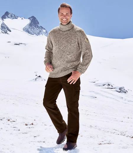 Men's Beige Marled Knit Roll-Neck Jumper