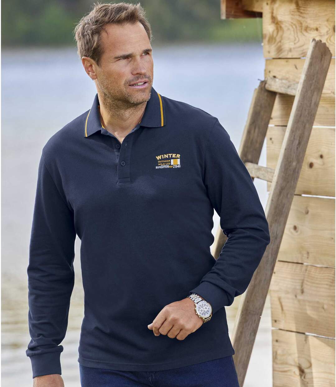 Pack of 2 Men's Piqué Polo Shirts - Navy Ochre Atlas For Men