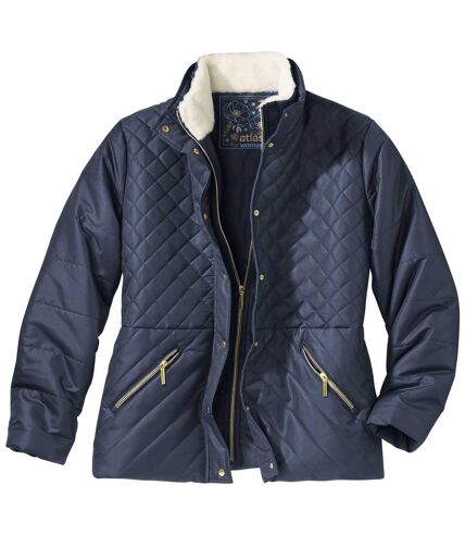 Women's Blue Quilted Padded Jacket - Water-Repellent 
