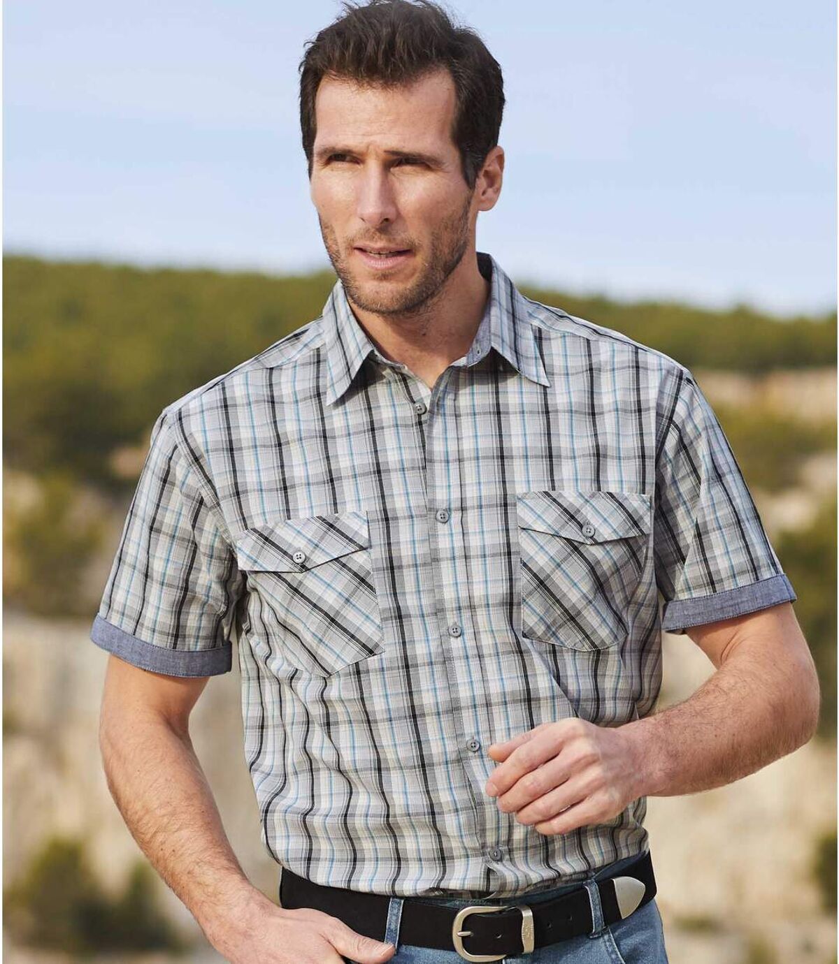 Men's Checked Short-Sleeved Chambray Shirt - Blue Gray Atlas For Men